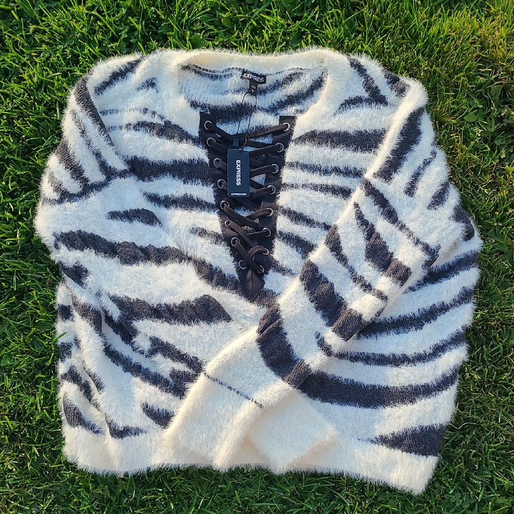 Express Black and White Fuzzy V-Neck Sweater